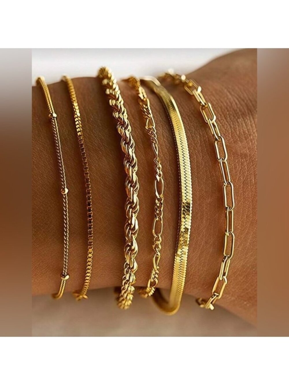 Gold Plated Stainless Steel 6PC Chain Bracelet Stack 8.5” Layered Set